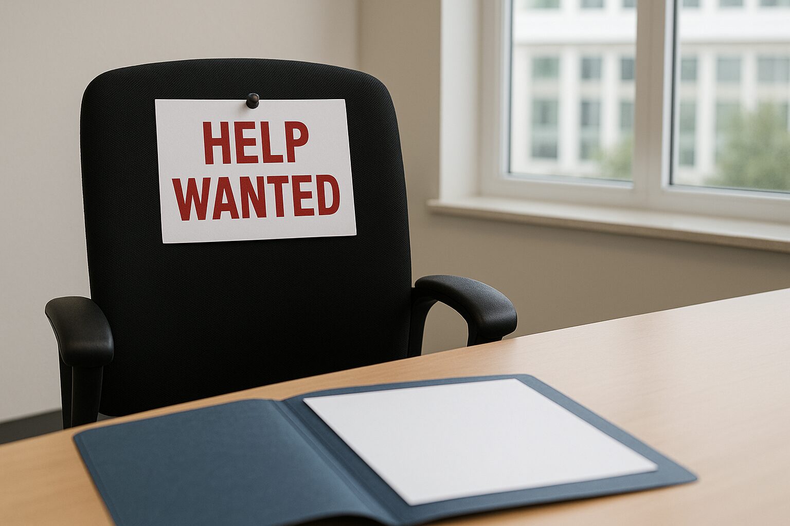 Leerer Bürostuhl mit einem angepinnten Zettel, auf dem "Help Wanted" steht, sowie eine leere Bewerbungsmappe auf dem davorstehenden Schreibtisch.