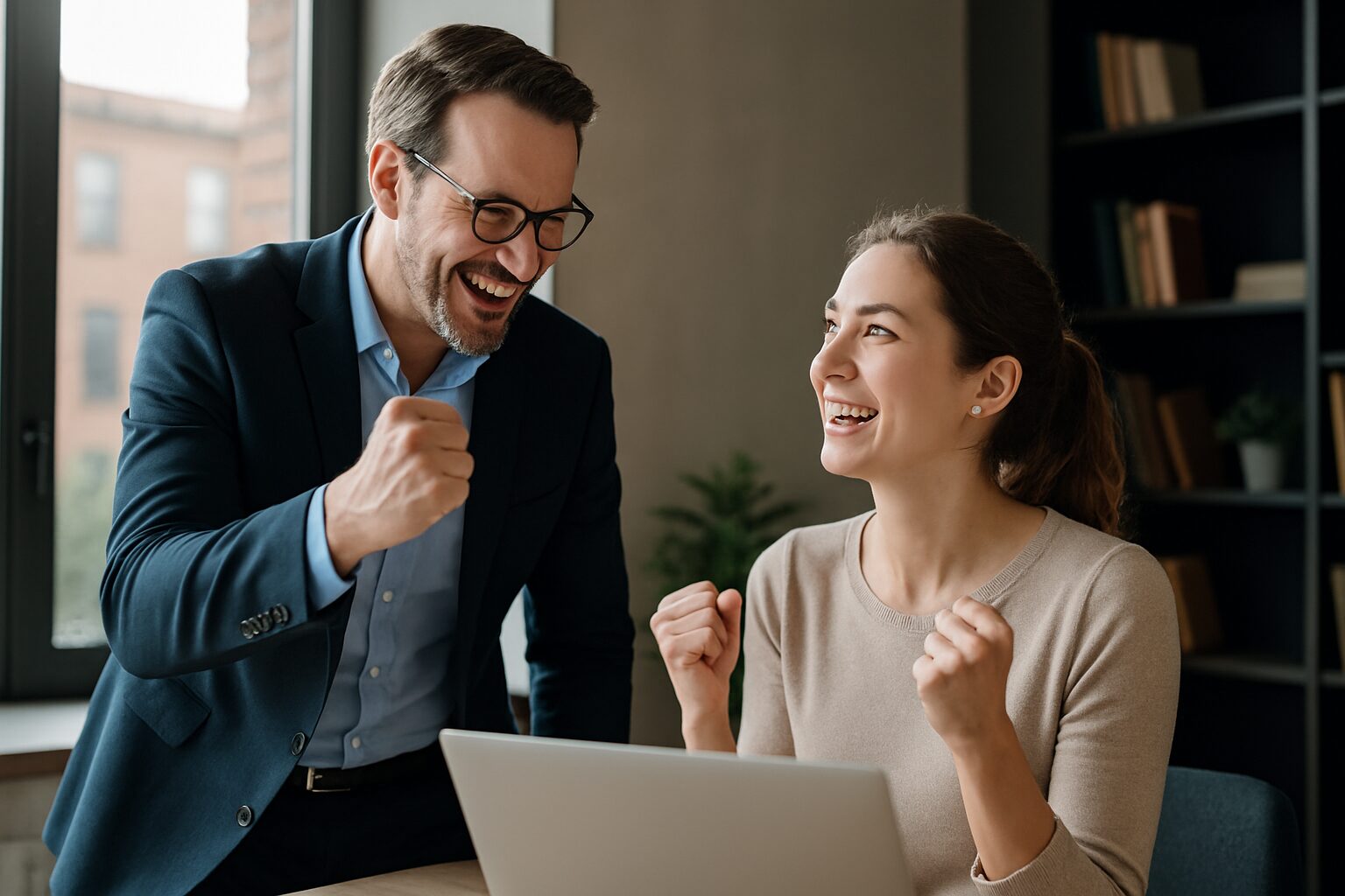 Ein Mann (stehend) und eine Frau (sitzend) vor einem aufgeklappten Laptop. In Businessoutfit gekleidet.