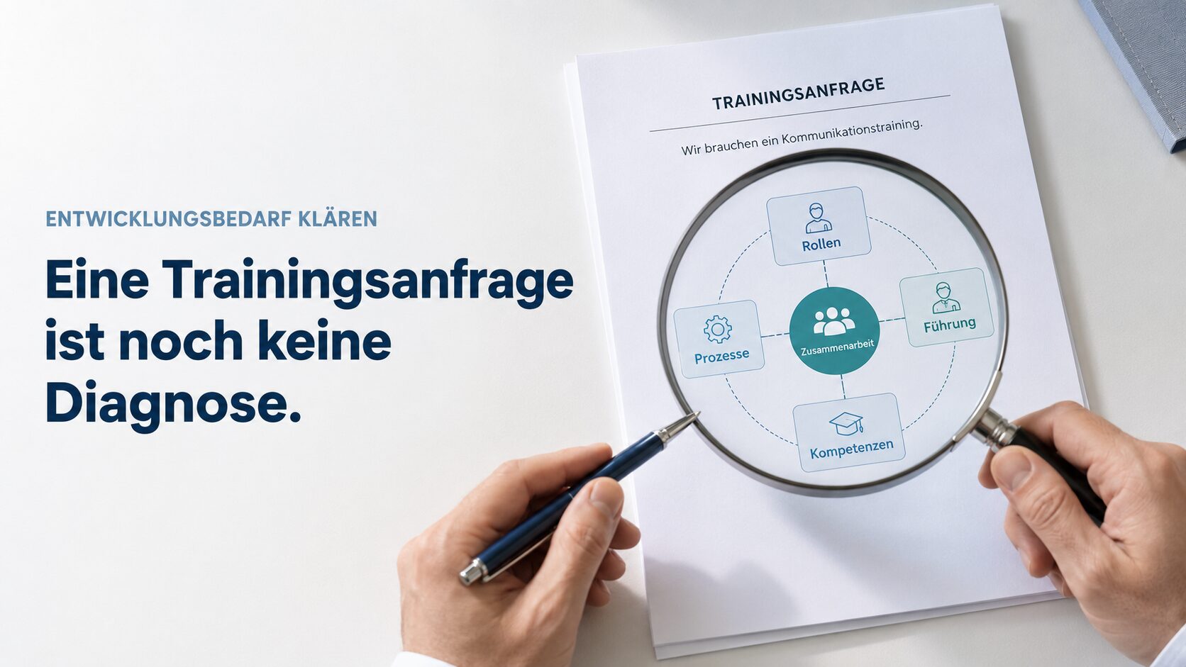 Lupe über einer Trainingsanfrage macht möglichen Entwicklungsbedarf in Rollen, Führung, Prozessen und Kompetenzen sichtbar.