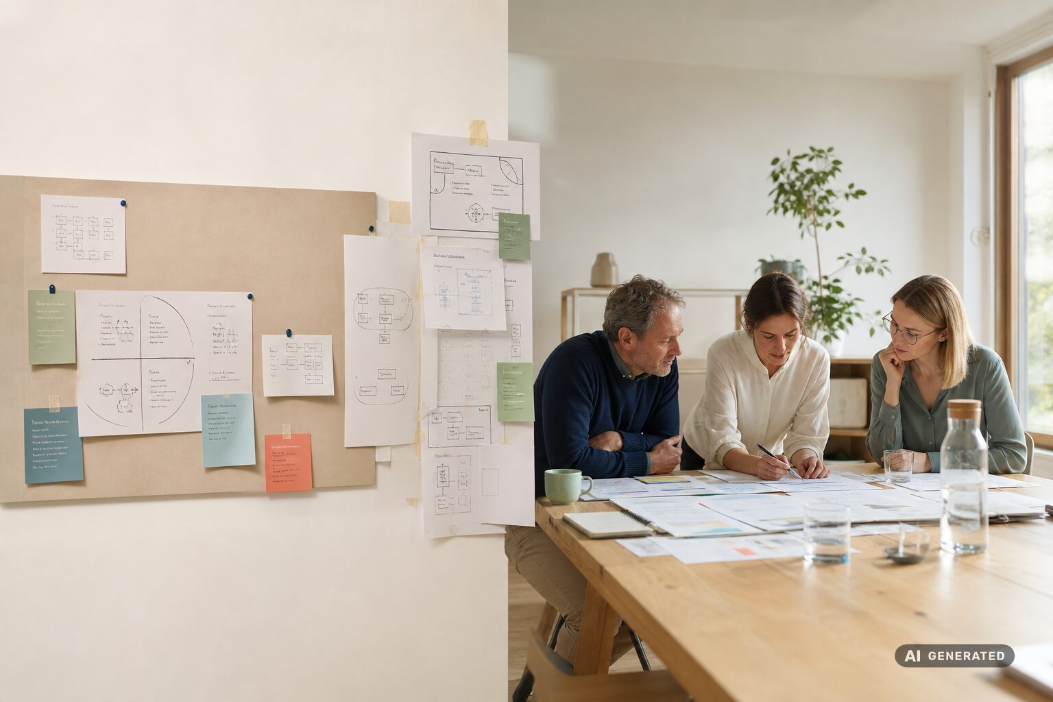 Veränderung wirksam begleiten: Strategieboard und Teamarbeitsplatz in einem hellen Workshopraum, verbunden durch eine schmale Brücke aus Papier- und Facilitation-Canvas-Schichten; drei Personen arbeiten am Tisch.